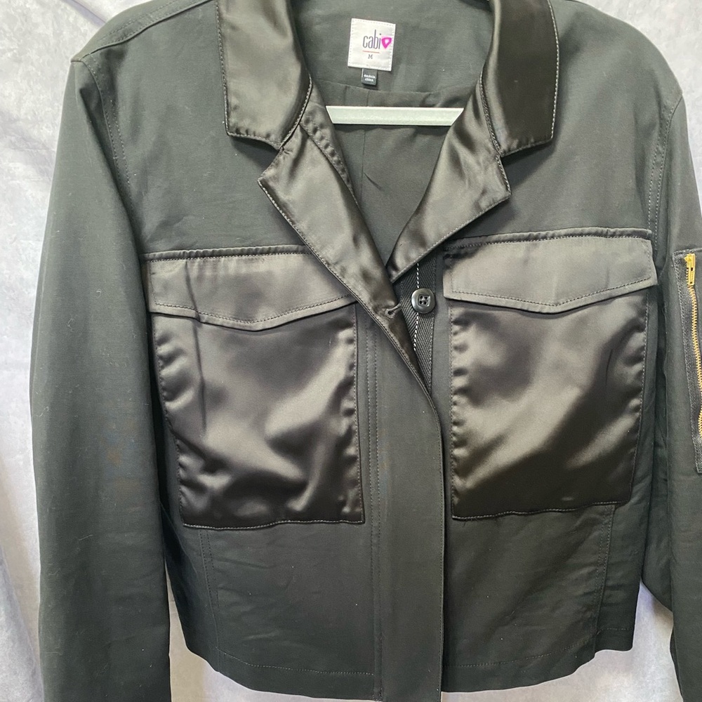 Cabi  Moto. Back in Black Satin Jacket with Gold accents. Medium